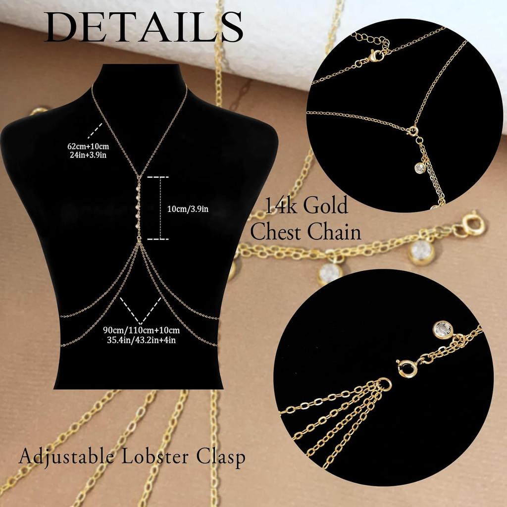 14K Gold Plated Brass Body Chain Women Sexy Layered Belly Waist Chain Summer Beach Crystal Beads Jewelry