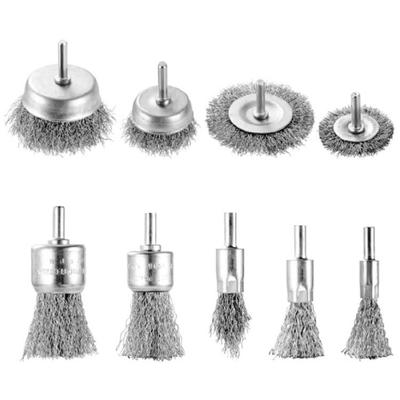 Versatilitys Drill Mounted Wire Brushes 9PCS Carbon Steel Construction For Efficient Rust Paint Debris Removal Tool