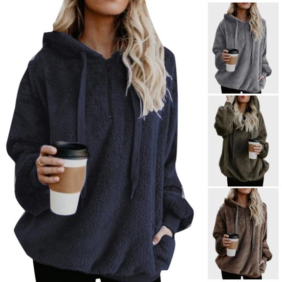 Plus Size Solid Color 1/4 Zip Up Fluffy Hoodies Women Hooded Sweatshirt
