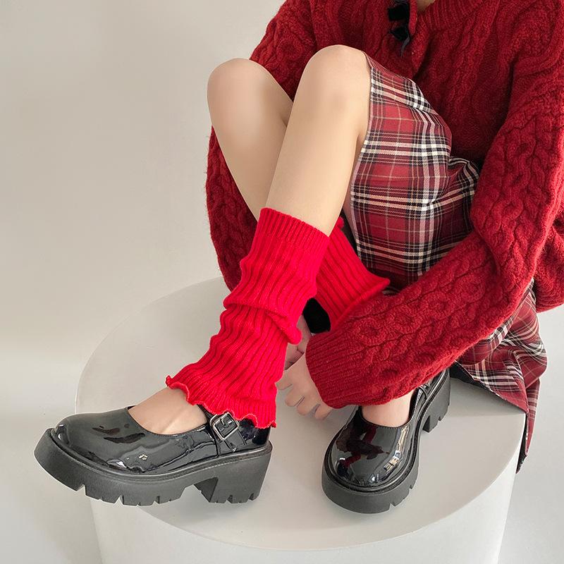 Socks College Style Spring And Autumn Medium Tube Stacking Socks Solid Color Lace Lolita Wool Leg Cover
