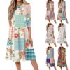 Casual Women's Patchwork Floral Print Midi Dress Three Quarter Sleeve Round Neck Loose Fit Comfortable Fabric
