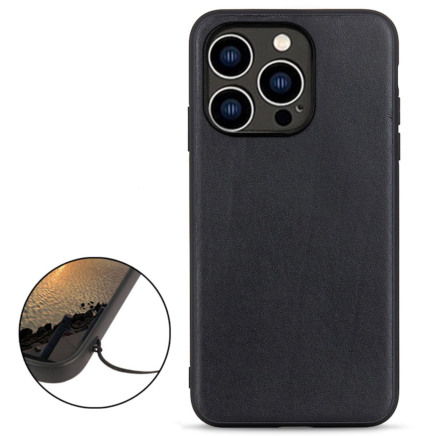 

For iPhone 14 Pro 6.1 inch Anti-drop Textured Genuine Leather Phone Case Cover Phone Protector Scratch Resistant Shell Black