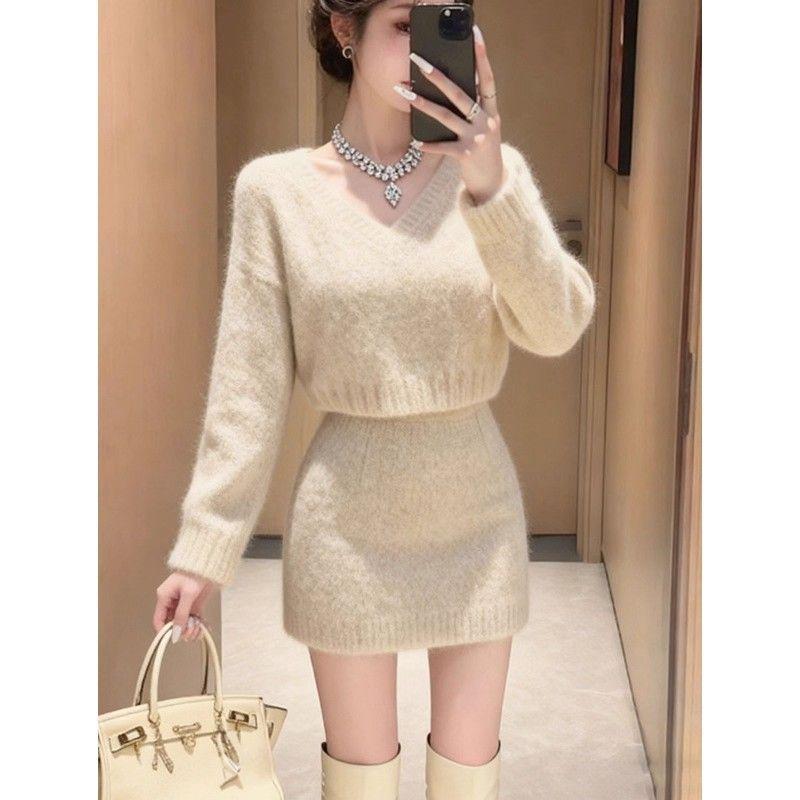 Chic V-Neck Knit Sweater & Skirt Set for Women - Autumn/Winter Collection