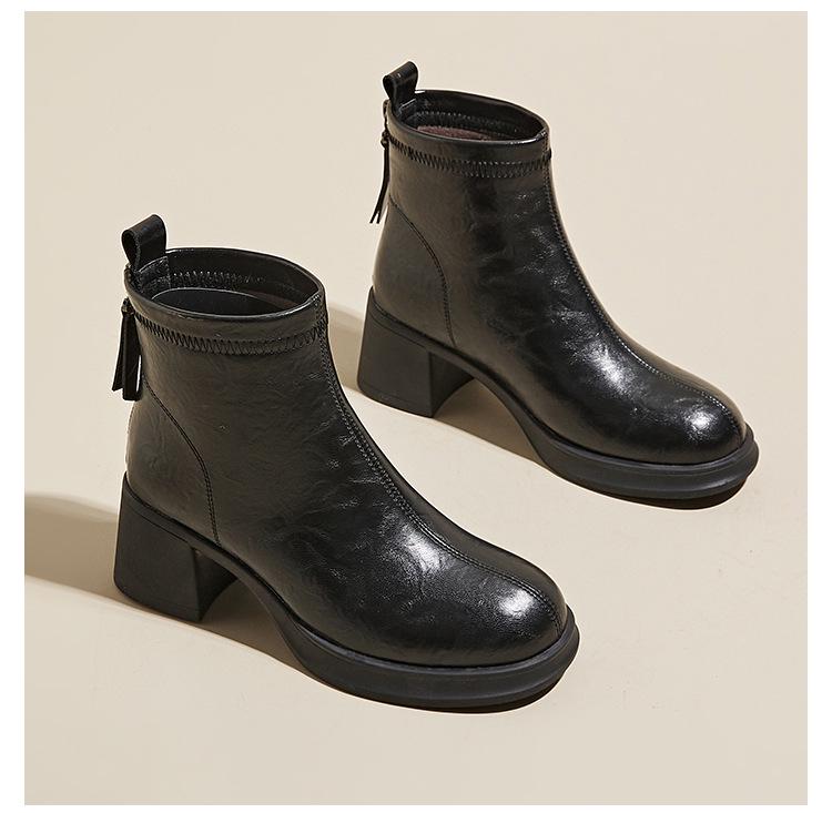 Fall/Winter Women's Thick-Soled Genuine Leather Skinny Boots, Korean-Style Back Zipper Martin Boots, Slip-On Casual Shoes