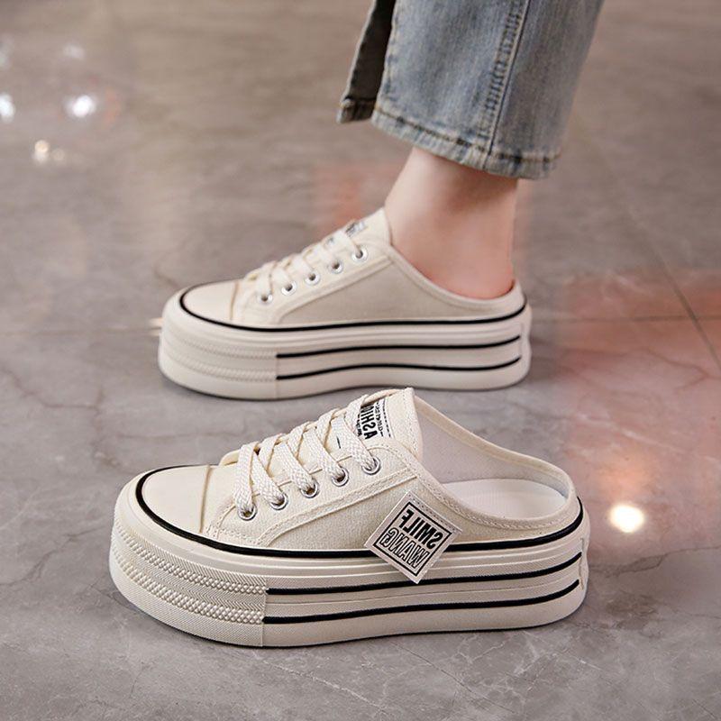 Pantofole da donna Autunno Punta rotonda Allacciate Scarpe di tela Senza tacco Pigre Suola spessa Mezza pantofola