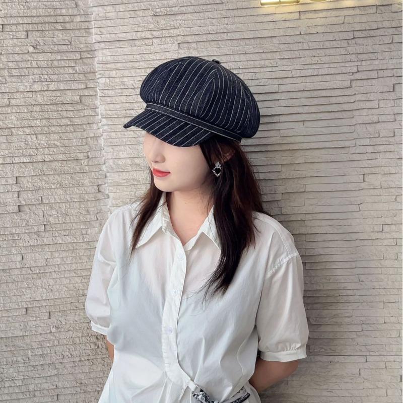25 Early autumn new striped navy blue versatile octagonal hat women's big head circumference showing face small painter hat