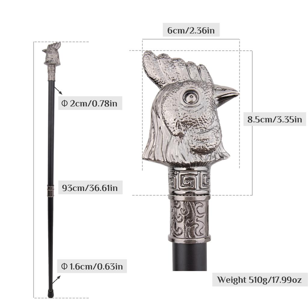 Silver Chicken Rooster Head Animal Fashion Walking Stick Decorative Cospaly Vintage Party Fashionable Walking Cane Crosier 93cm