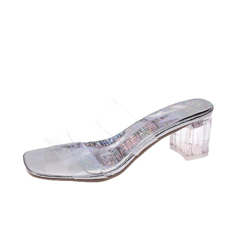 One-word PVC transparent slippers women's outer wear 2024 summer new large size square head thick heel fashion cool slippers women's shoes