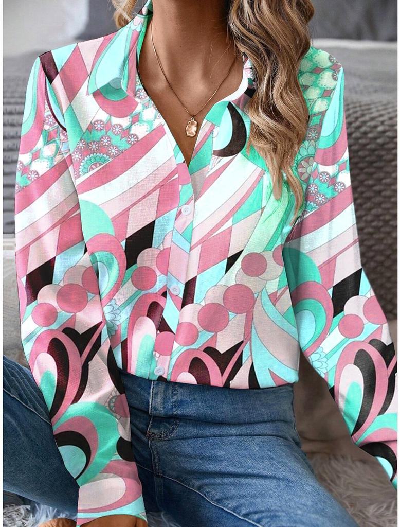Mode Elegantes Büro Damenhemd Damen Casual Graffiti Bedrucktes Hemd Kragen Knopf Langarm Haushemd Damen Bluse