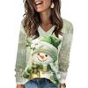 Women's Fashionable Loose-Fit V-Neck Long-Sleeved T-Shirt Christmas Print Pullover