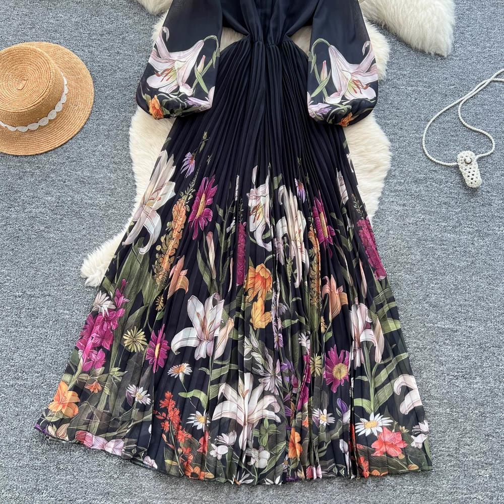 Hochwertiges bedrucktes Kleid für Damen Frühling Herbst A Schlank machende Taille und elegantes plissiertes langes Damenkleid