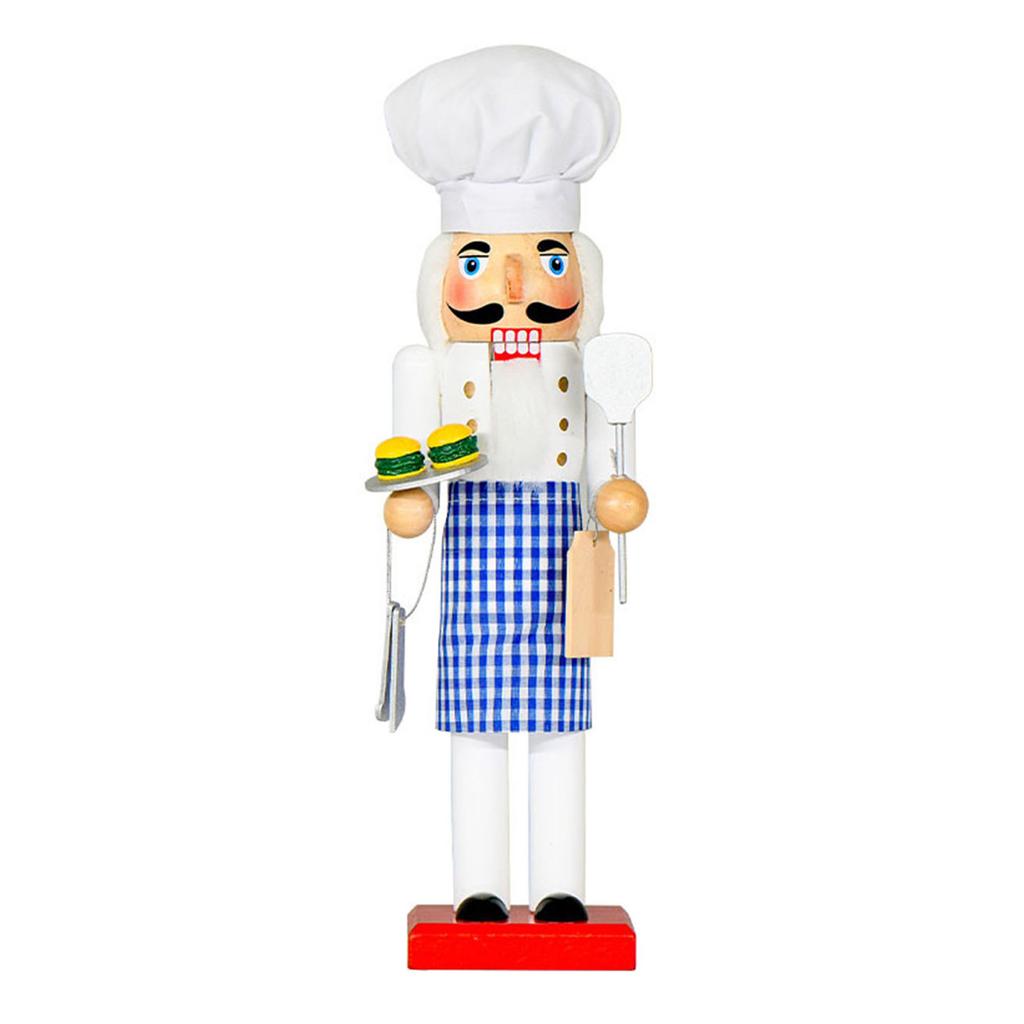 Handcrafted Wooden Christmas Nutcrackers Chefs Statue With Blue Plaids Apron Vintage Holiday Tabletop Display Ornament