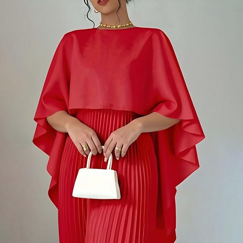 2026 Womens Elegant Solid Color Round Neck Pleated Slim Fit Casual Dress Set With Batwing Sleeves