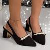 Novedad Primavera Verano Estilo Francés Tacones Altos de Una Tira con Perlas, Sandalias de Punta Cerrada para Mujer, Zapatos de Tacón Grueso Negros