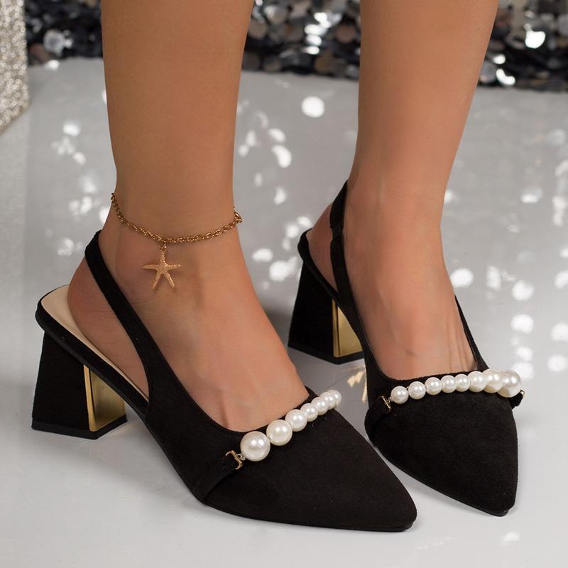 Novedad Primavera Verano Estilo Francés Tacones Altos de Una Tira con Perlas, Sandalias de Punta Cerrada para Mujer, Zapatos de Tacón Grueso Negros