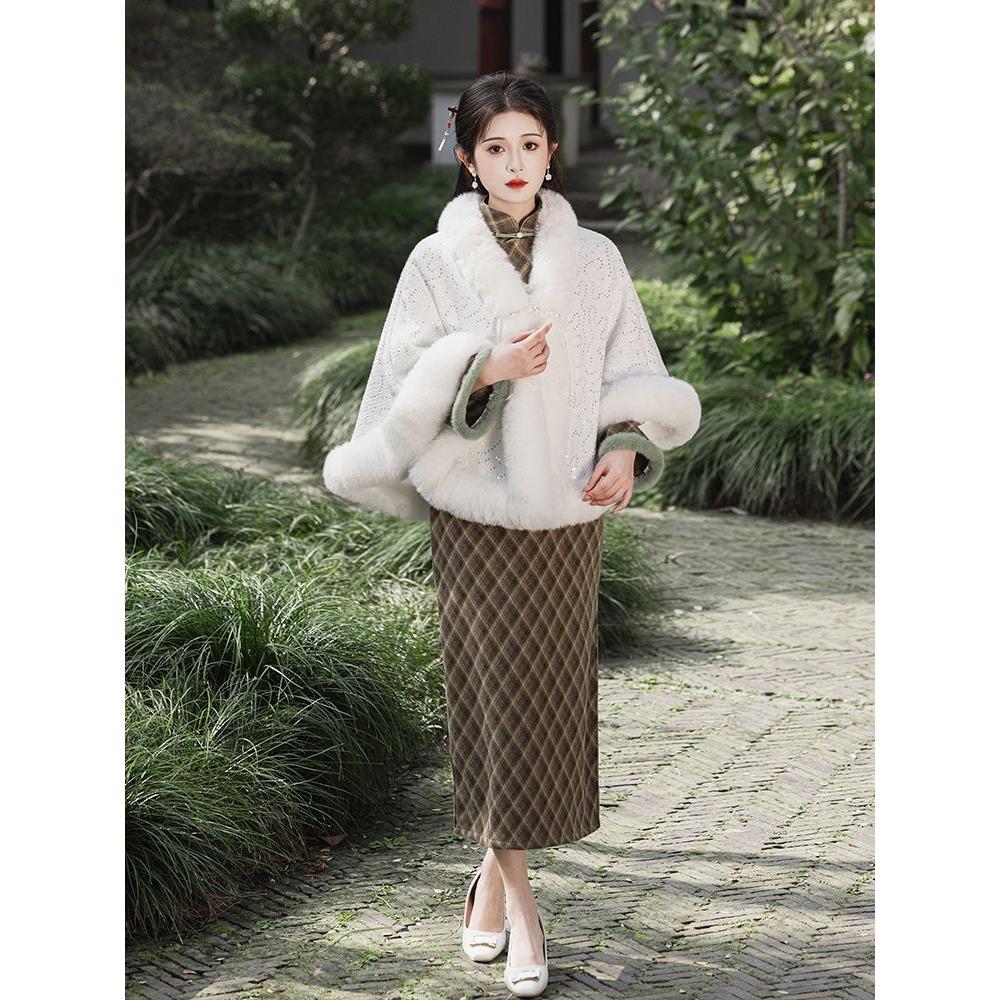 Cheongsam Outer Shawl Cloak Fall and Winternew Arrivalretro Cloak Fleece-lined Thick Heattechoutwear for Women