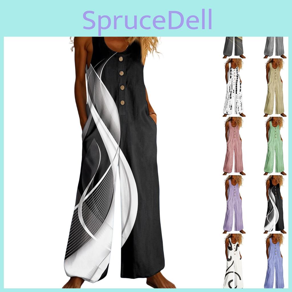 Sleeveless Jumpsuit With Casual Loosefitting Pockets And Adjustable Straps For Women Long Length
