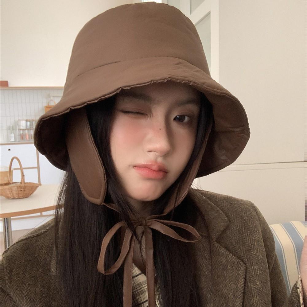 Autumn and Winter Bucket Hat Extended Ear Hat Winter Casual Versatile Lace-up Cycling Warm Thickened Basin Hat