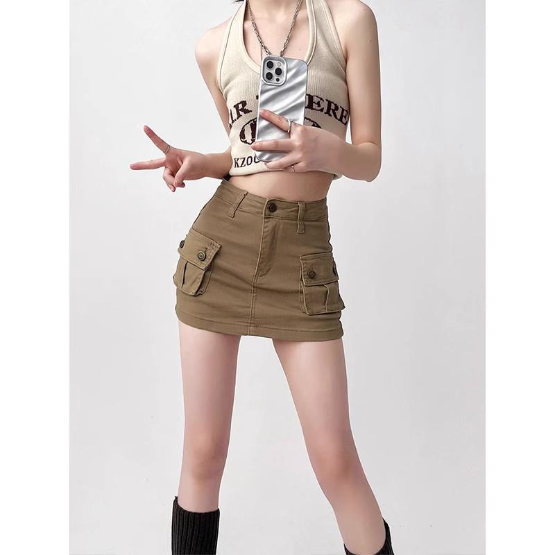 

Маленькая джинсовая миди-юбка цвета хаки с высокой талией - Облегающий А-силуэт, облегающая бедра и защищающая от нескромности XS хаки