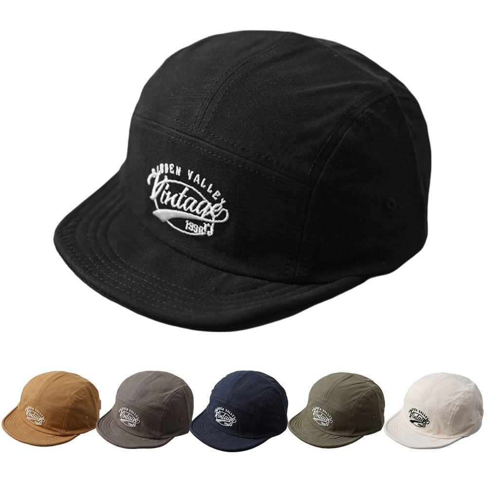 Retro Short Brim Baseball Cap Breathable Cotton Flat-brimmed Sun Cap 5-Panel Letters Embroidery Trucker Hat