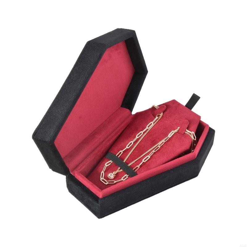 A52E Gothic Coffin Shaped Jewelry Box Stylish Velvets Rings Choker Box Case Halloween Jewelry Organizer Decorations for Girls