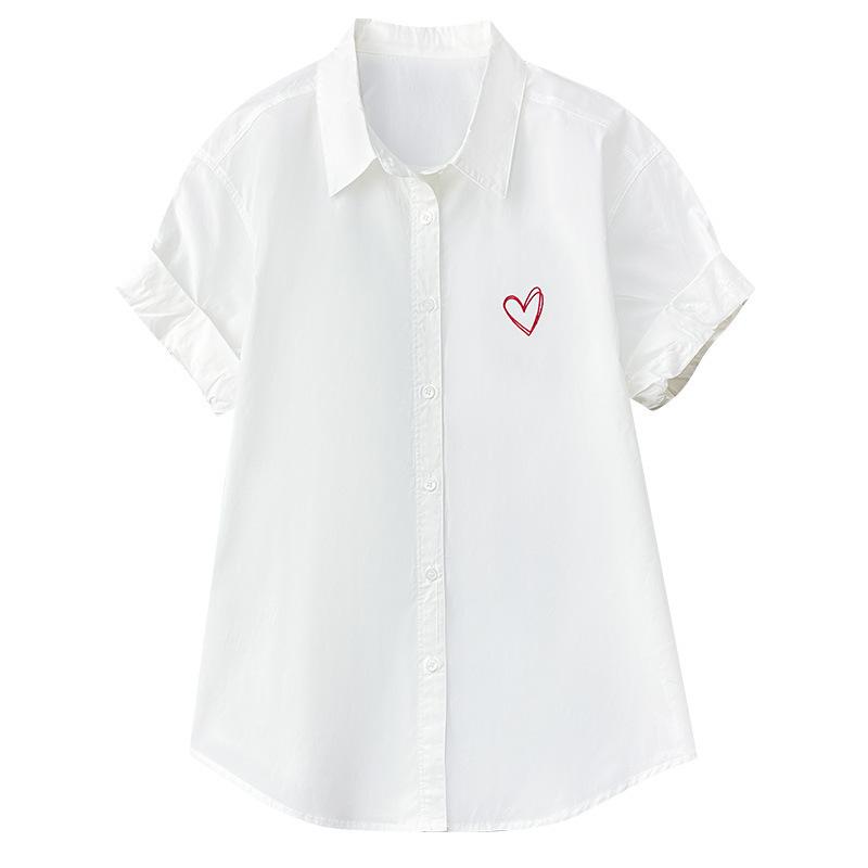 

Love Embroidered White Shirt for Women Short-sleeved Summer New Loose Casual Chic Cotton Top M