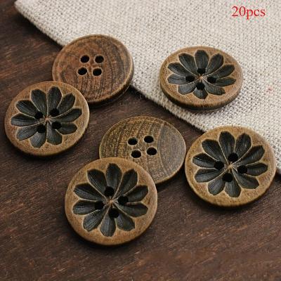 20pcs 18mm Vintage-Inspired Dark Brown Wooden Buttons with Intricate Carvings - Ideal for DIY Shirt, Cardigan, Sweater, and Blazer Crafts