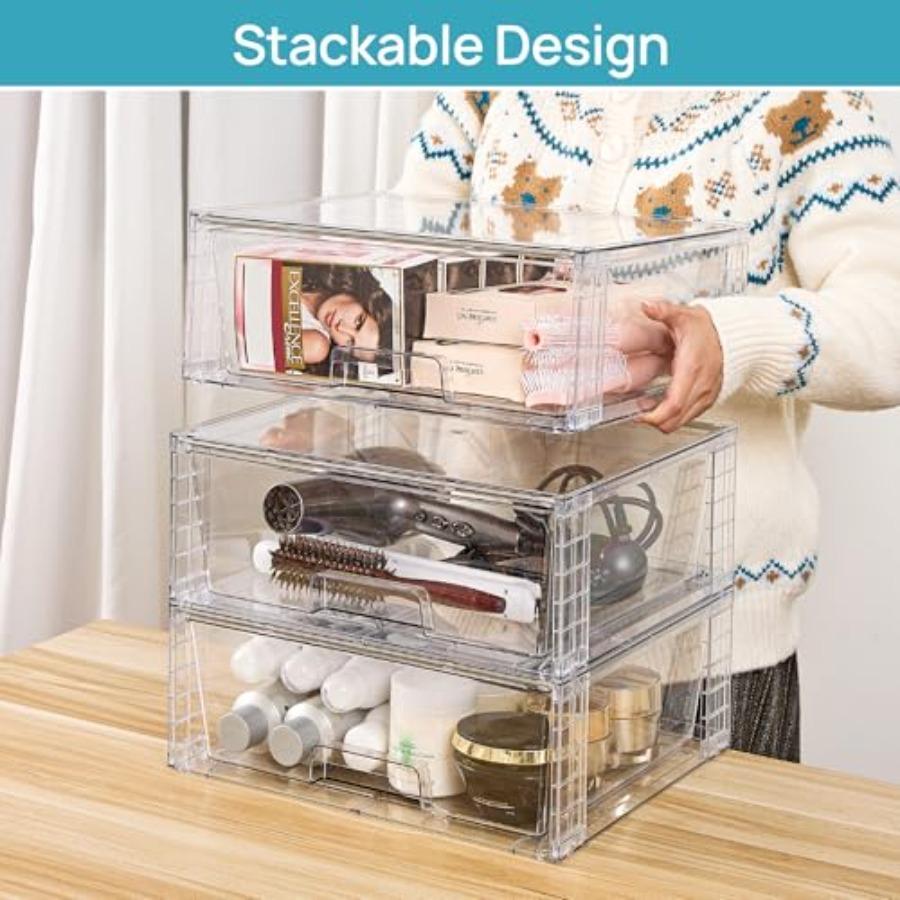 2 Pack Large Stackable Storage DrawersEasily Assemble Clear Acrylic Bathroom Closet Undersink Organizers Plastic Storage Bins f