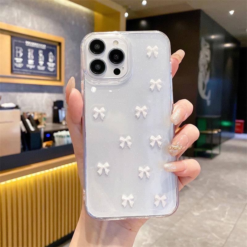Glitter Pink Small Bow Phone Case for IPhone17promax Small Fresh Style for Apple 16 Transparent Anti-fall 15