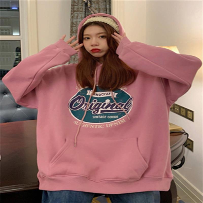 Women's Hooded Long Sleeve Sweatshirt Loose Fit Vintage Letter Printed Pullover Hoodie Couple Autumn Daily Outerwear