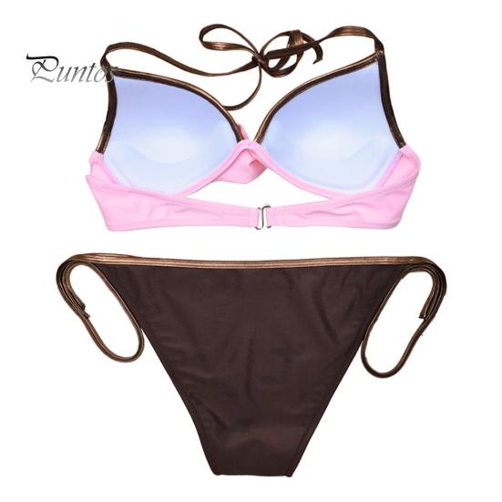 2Pcs/Set Women Sexy Bikini Set Halter V-neck Sleeveless Bra Low-rise Briefs Set Contrast Color Lace-up Swimsuit Bathing Suit