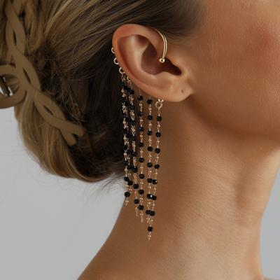 2Pcs Trendy Black Bead Multi Layer Tassel Ear Cuff Earrings for Women Punk Fake Piercing Long Earrings Without Ear Hole Zircon