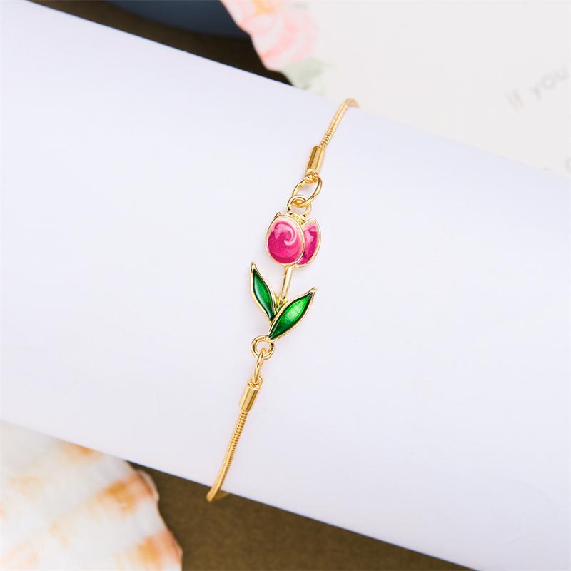 Koreanisches leichtes Luxus-Tulpenblüten-Armband Vintage-Ästhetik Emaille Bunte Blumen-Charms-Armbänder für Damen Party-Schmuck Geschenk