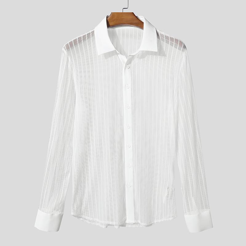 INCERUN Men Long Sleeve Striped Mesh Sheer See Through Party T-shirts Tops 2XL белый