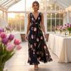 Women Sleeveless V Neck Waist Zip Floral Print Evening Gown Dress with Flowing A Line for Formal Occasions