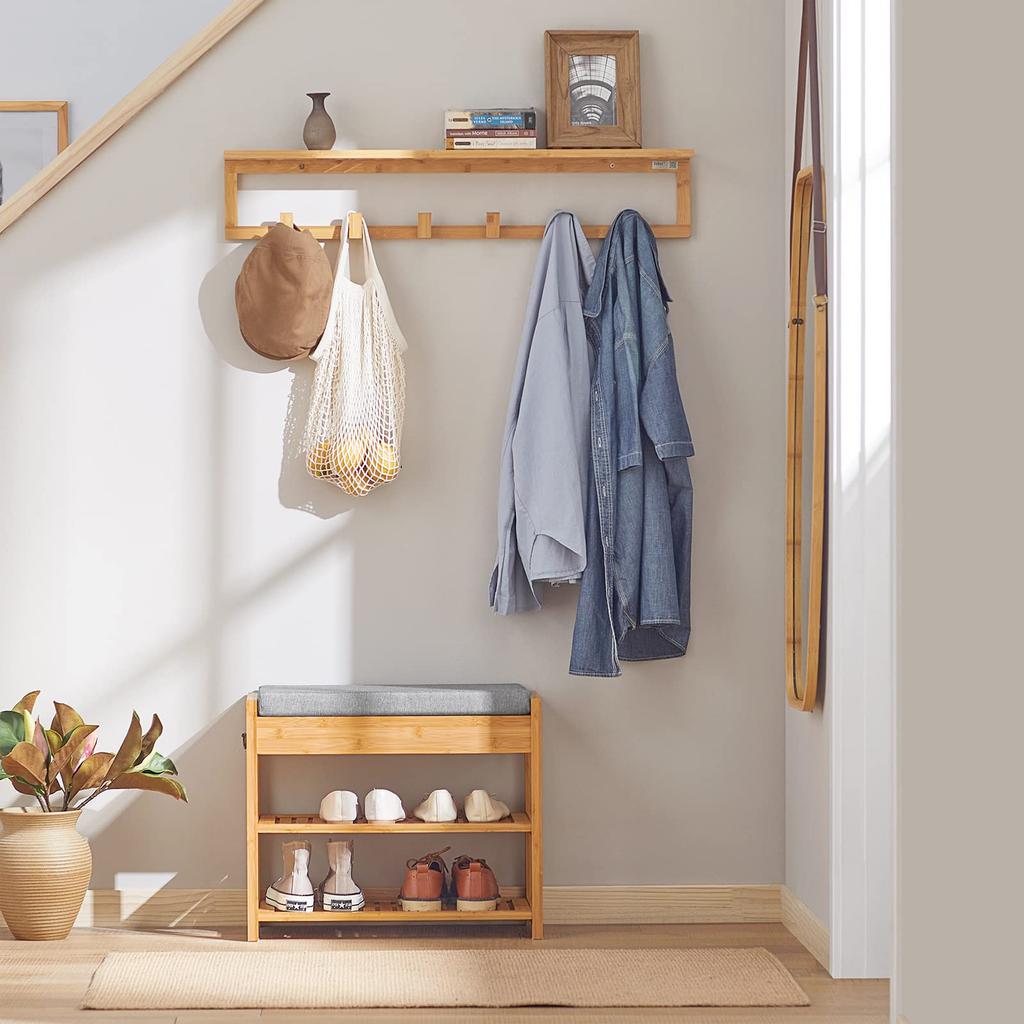 SoBuy Wall Wall 90cm Decorative Stylish Storage and Hat Clothes Coat Coat Hanger Hook Shelf, Hanger, Wall-Mounted Hooks, Bamboo, Wide, Shelf,