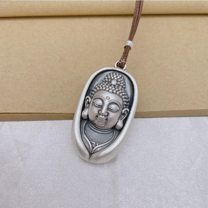 999 Sterling Silver Buddha Head Pendant Necklace with Lotus for Women - Retro Ethnic Style
