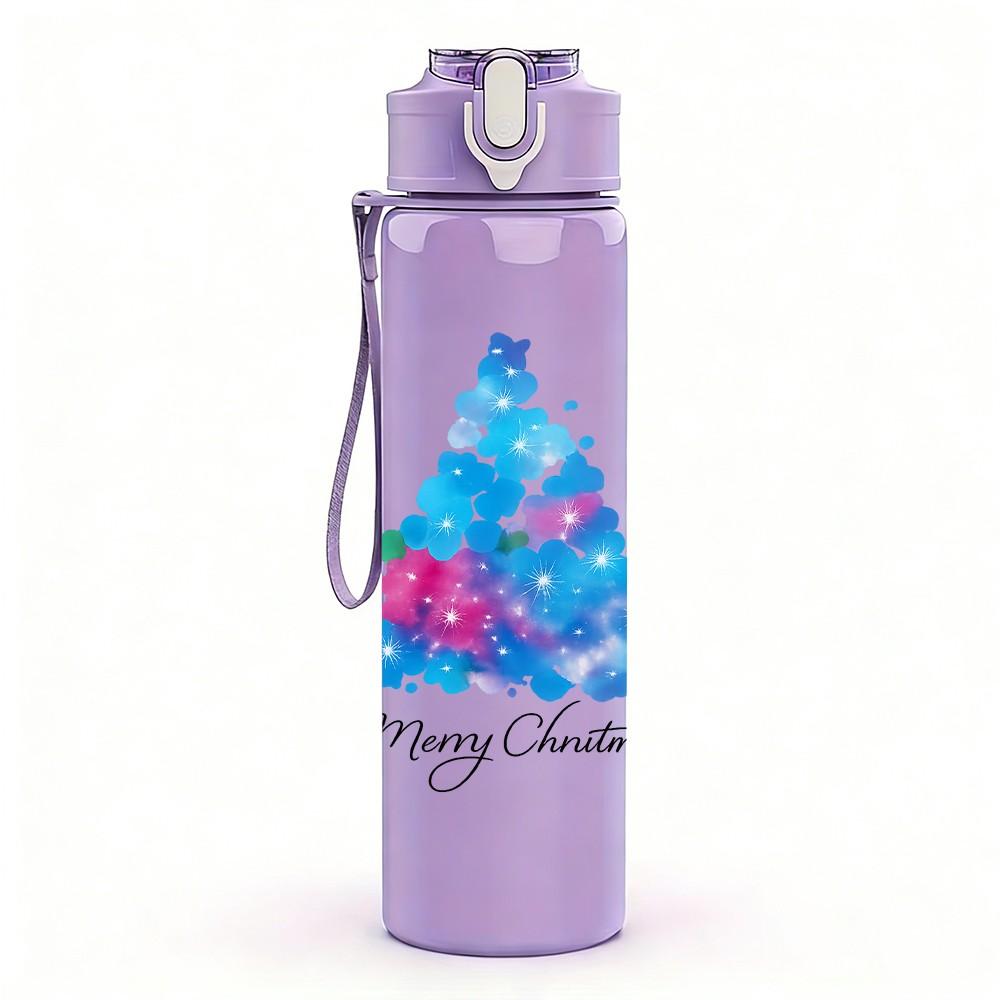 1PC Watercolor Christmas Tree Art 750ml Color Plastic Sports Water Bottle Leakproof Flip Straw Lid Suitable for Sports Office Home Use