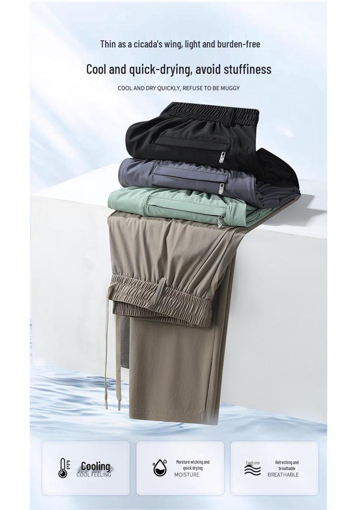 UPF50+ Men's Ice Silk Quick-Dry Pants: Lightweight Elastic Sports Trousers, Straight Loose Fit, Plus Size.