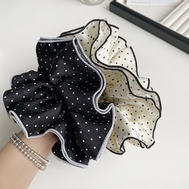 Classic Black & White Polka Dot Ruched Scrunchie - Retro French Head Tie