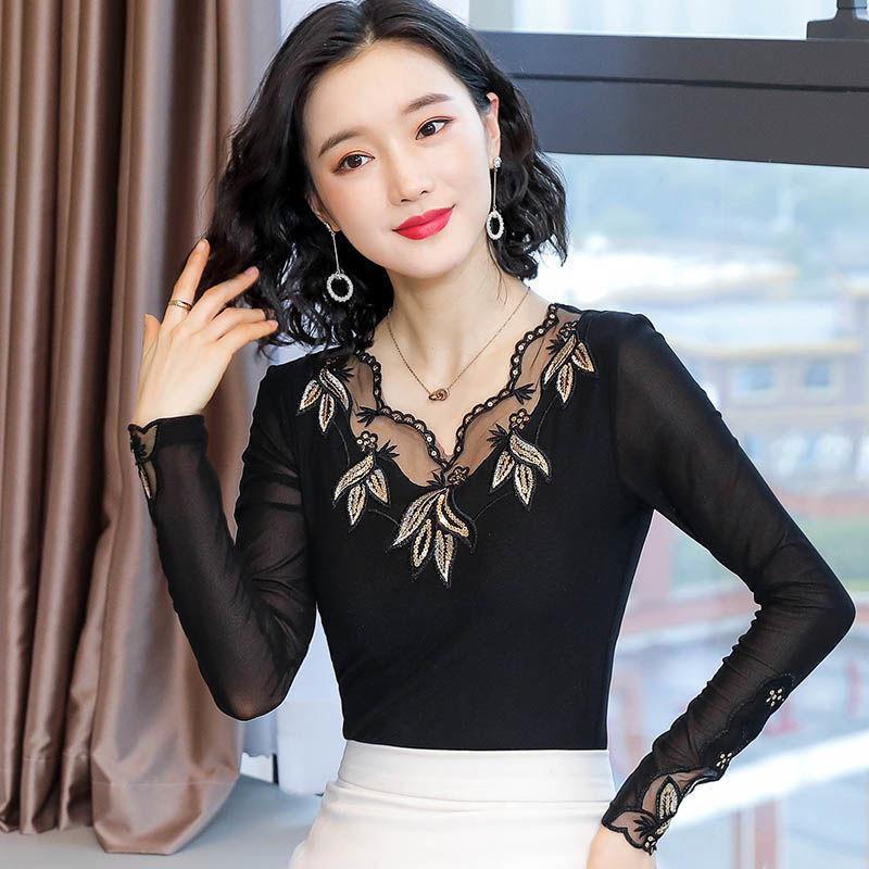 Elegant Lace Long Sleeve Top Women Spring Autumn Slim Fit Sheer Mesh Blouse Fashion Inner Wear
