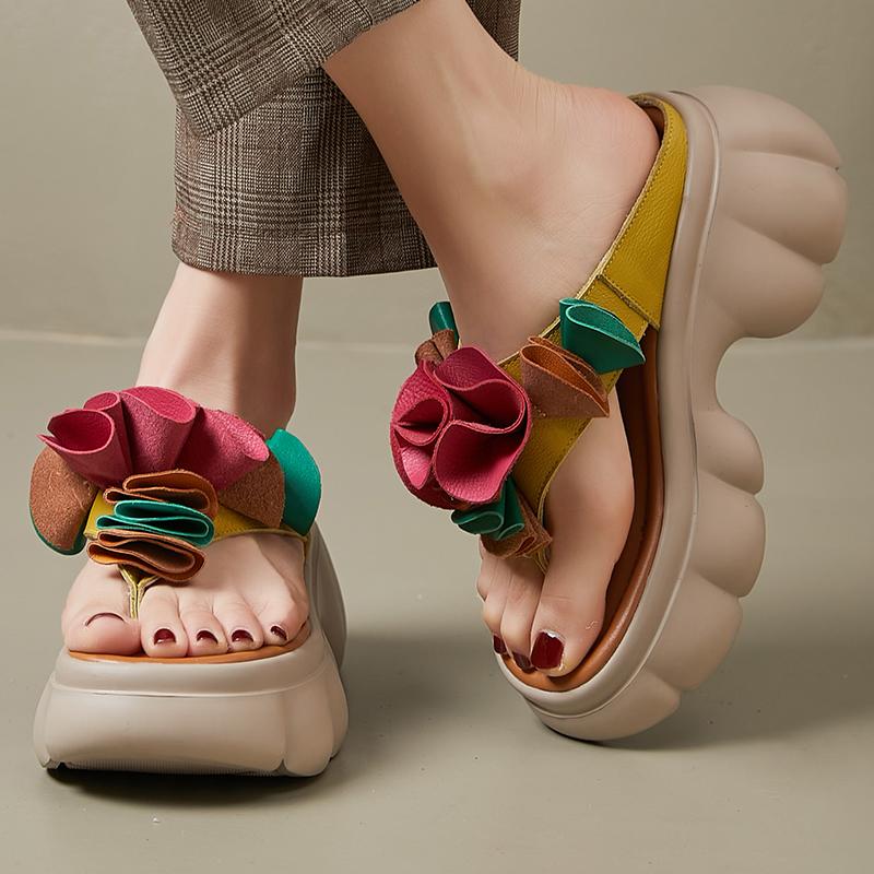Fashion GKTINOO Genuine Leather Sandals Floral Women Slippers Summer Shoes Platform Outside Slides Thick Soles Leisure Ladies Slippers