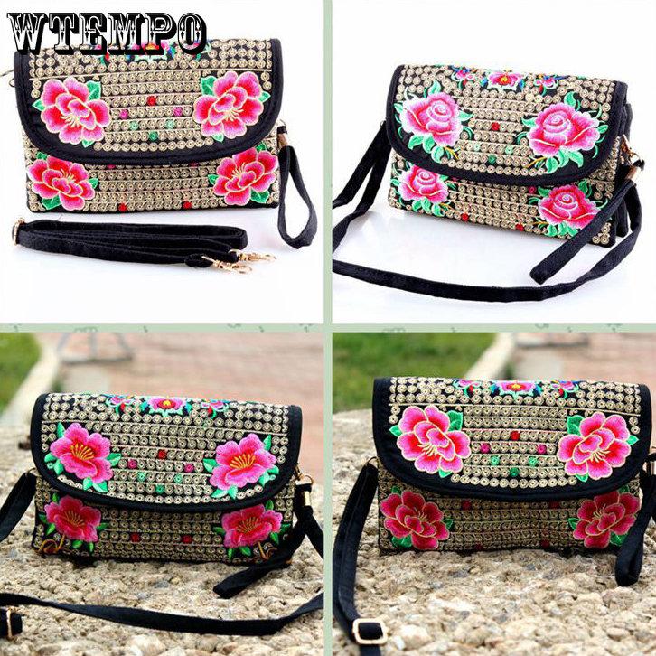 WTEMPO Female Ethnic Style Double-layer Zipper Messenger Bags Women's Large Capacity Casual Cross-body Embroidery Bag