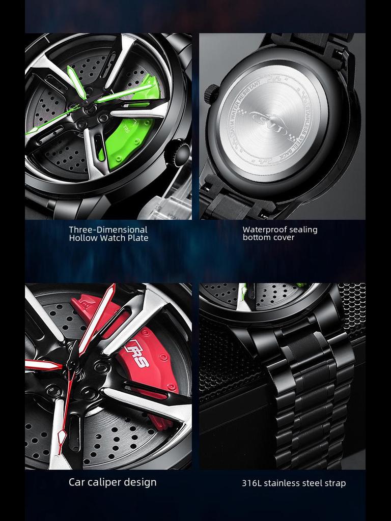 SVJ Ceas de mână pentru bărbați dintr-o bucată, inspirat de roata de mașină RS7, cu cuarț hidraulic 3D gol