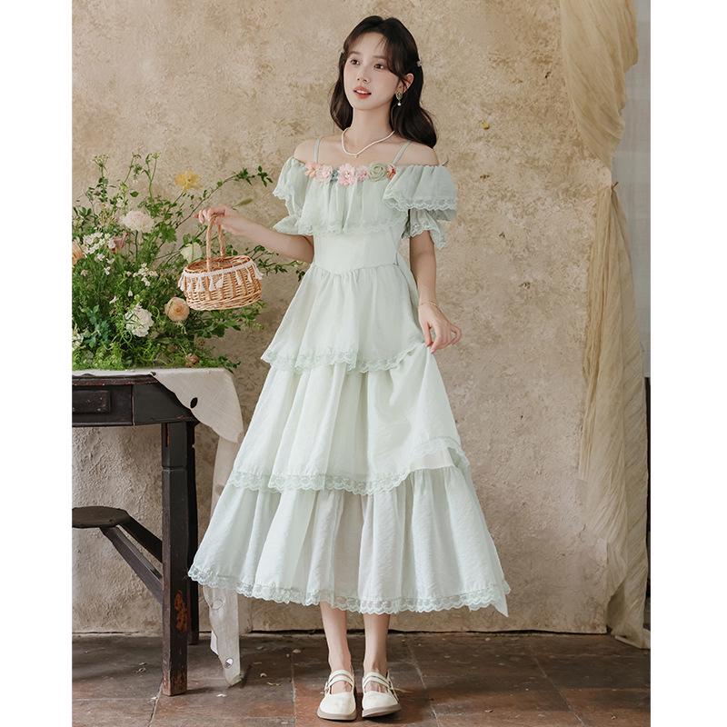 Elegant Lace Off-Shoulder Cinched Waist Dress S светло-зеленый