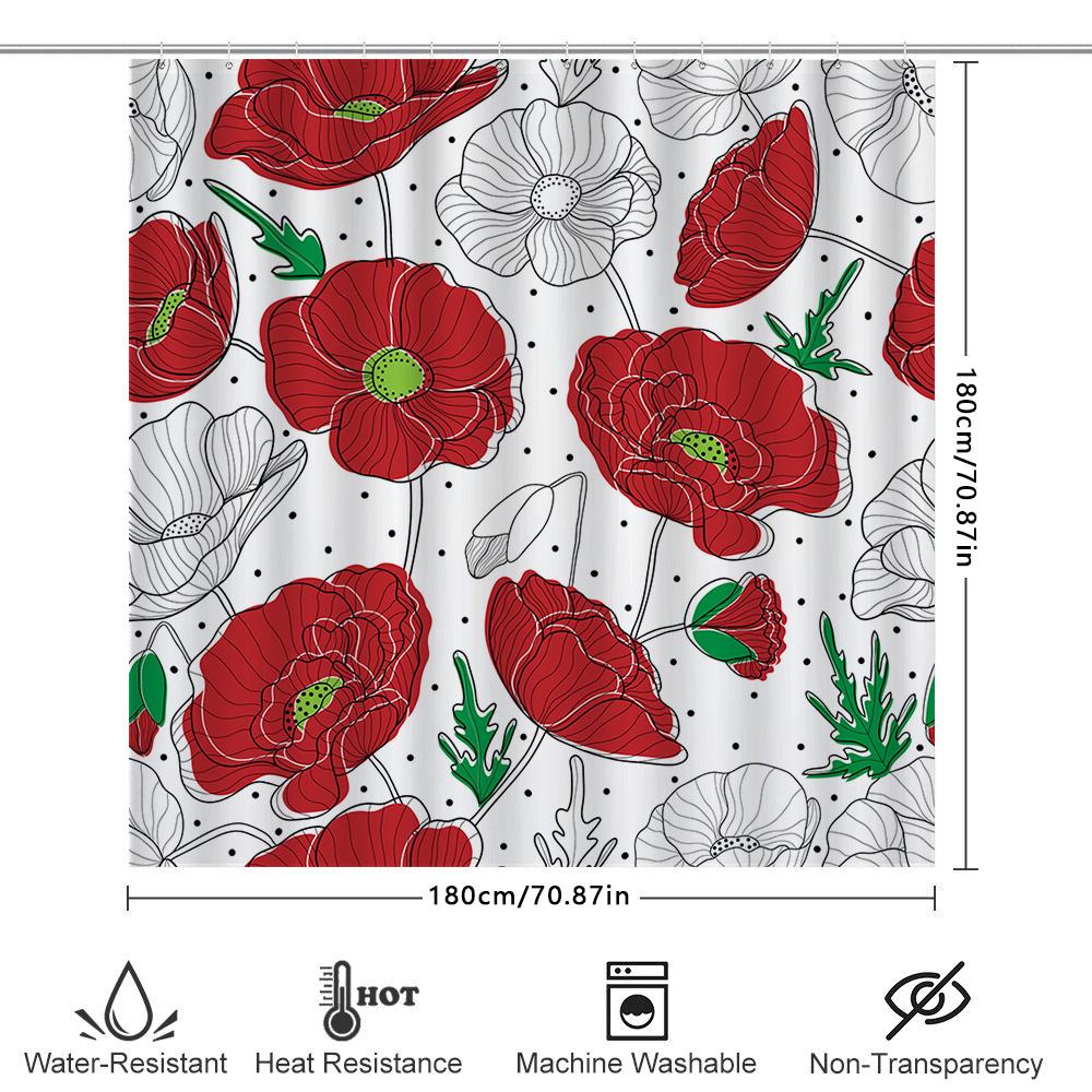 Waterproof Bath Curtains with Floral Print featuring Red Poppies and Green Leaves Decorative Shower Liners for Bathroom Decorati