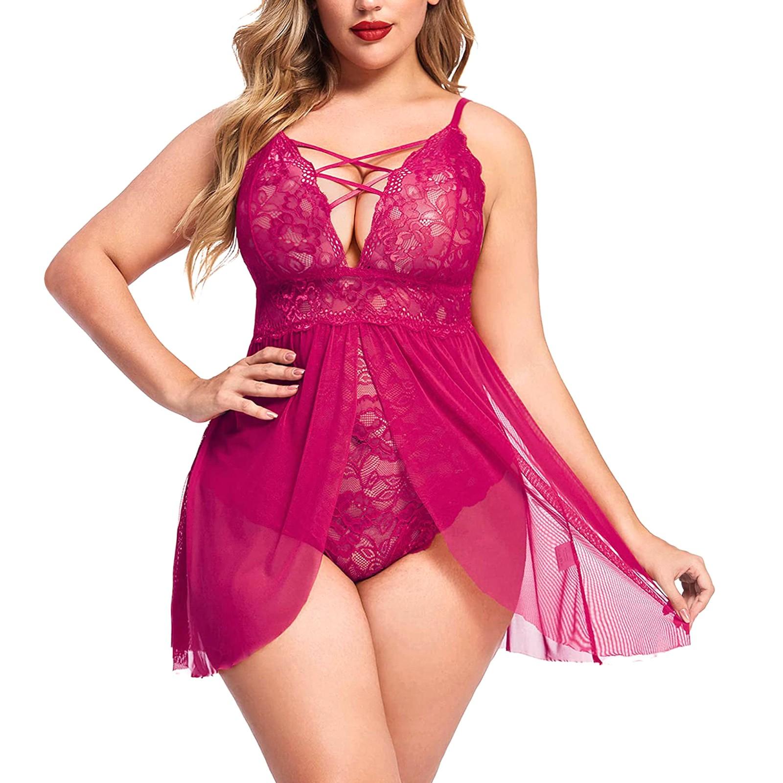 

S-4XL сексуальное женское кружевное нижнее белье Babydoll, ночная рубашка, прозрачная одежда для сна, ночная рубашка, мини-платье XL горячий розовый