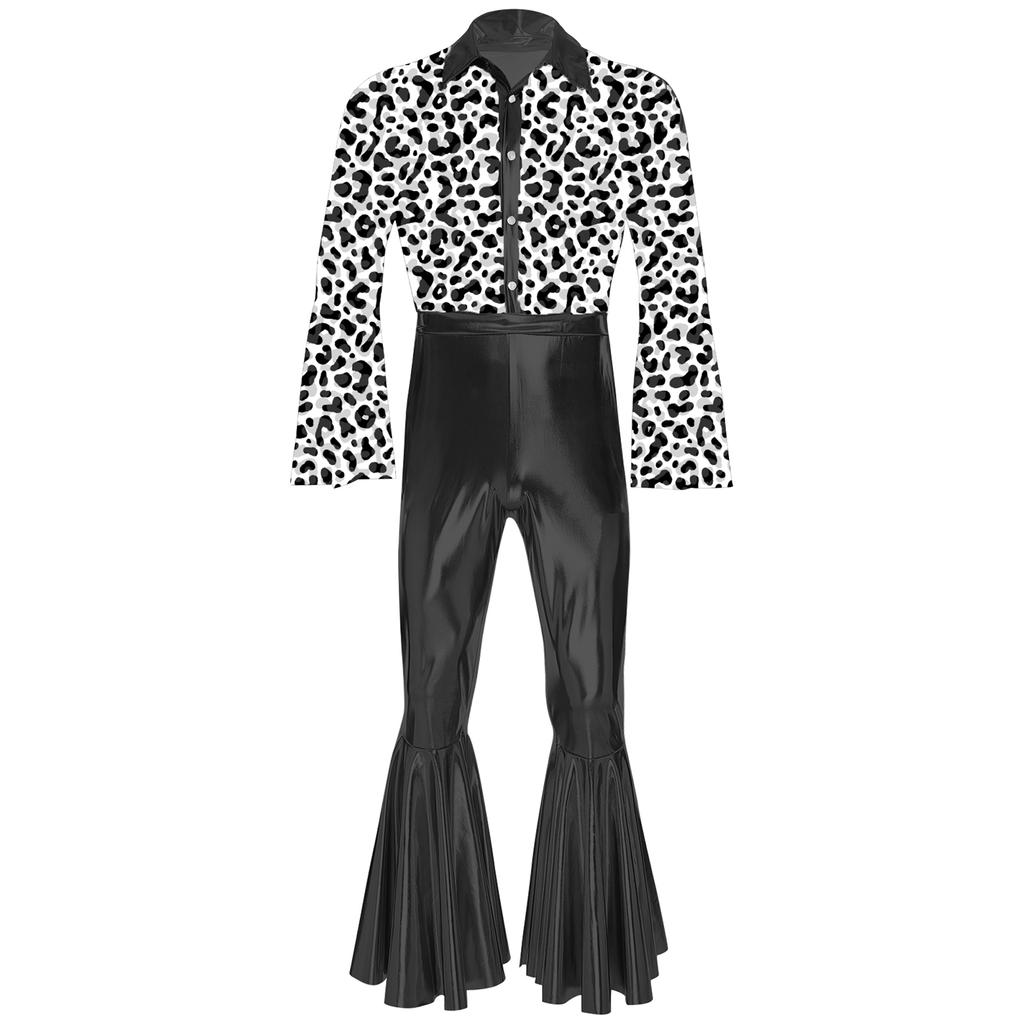 Mens Flashy Disco Jumpsuit Flared Sleeves Turn Down Collar Stylish Printed Bodice Metallic Bell Bottom Bodysuit