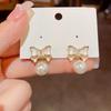 Gold-Plated Silver Needle Zircon Bow Pearl Earrings - Light Luxury, High-End Feel, Fashionable Stud Accessories
