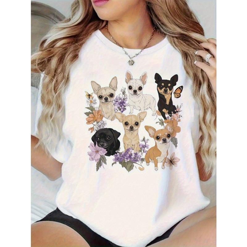 

Women Vintage Chihuahua Floral Print T-Shirt Round Neck Short Sleeve Pet Lover All-Season Casual Top 4XL білий